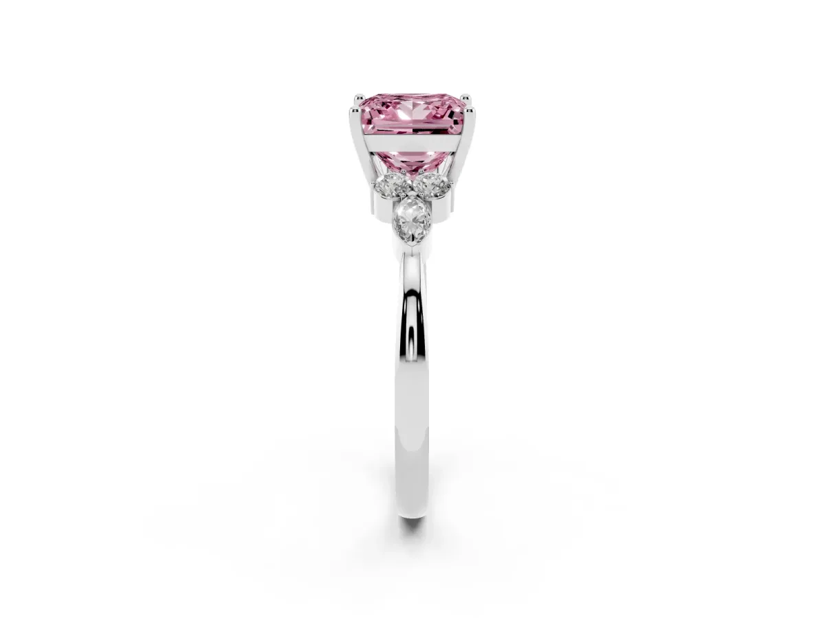 Fancy Pink Princess Cut Brilliant Diamond Solitaire Ring with Pear Side Stones and Four-Prong Setting White gold