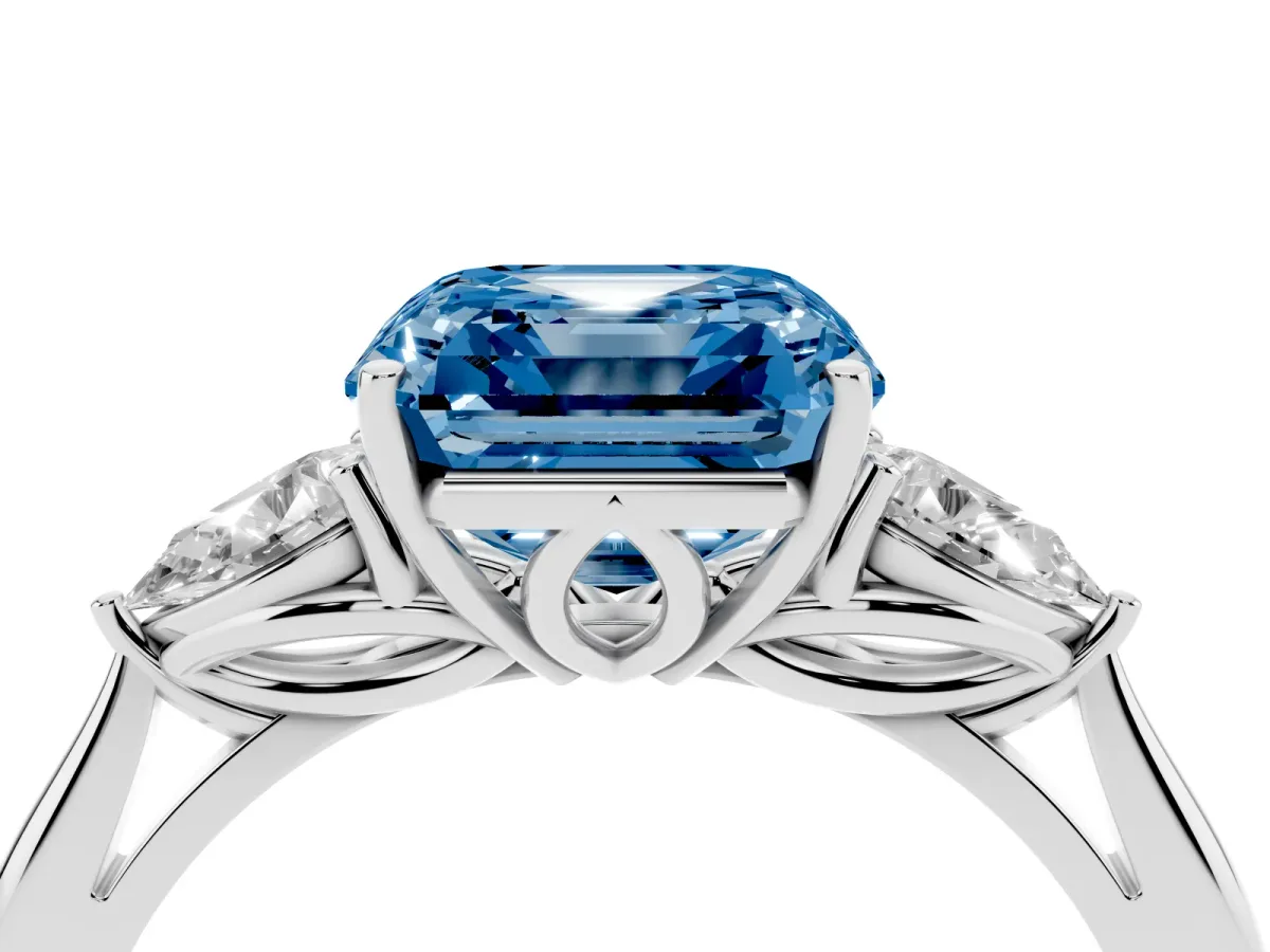 Fancy Blue Asscher Cut Diamond Three-Stone Ring with Pear Side Stones and Prong Setting Platinum