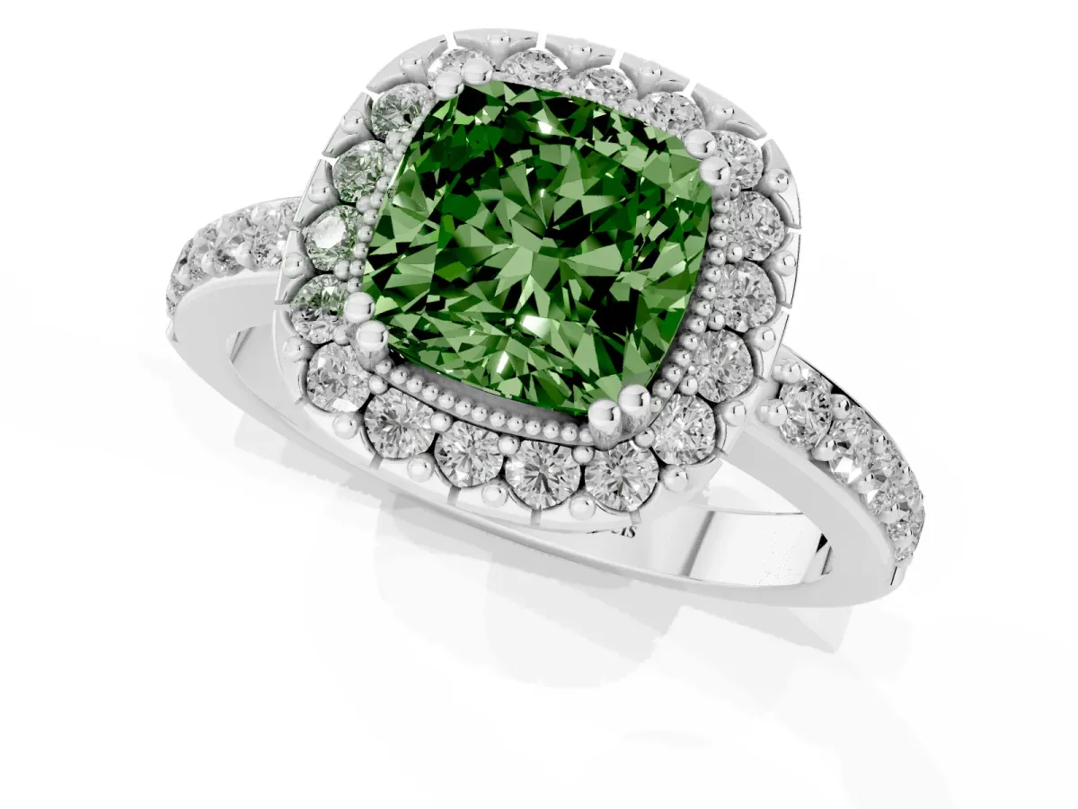 Fancy Green Cushion Cut Diamond Halo Ring with Pavé Band and Prong Setting Silver