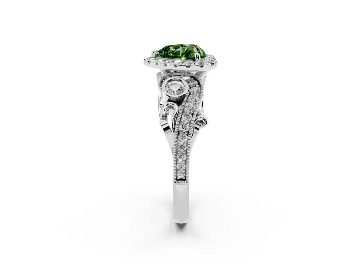 Fancy Green Heart Cut Diamond Halo Ring with Milgrain Pavé Band and Four-Prong Setting Silver