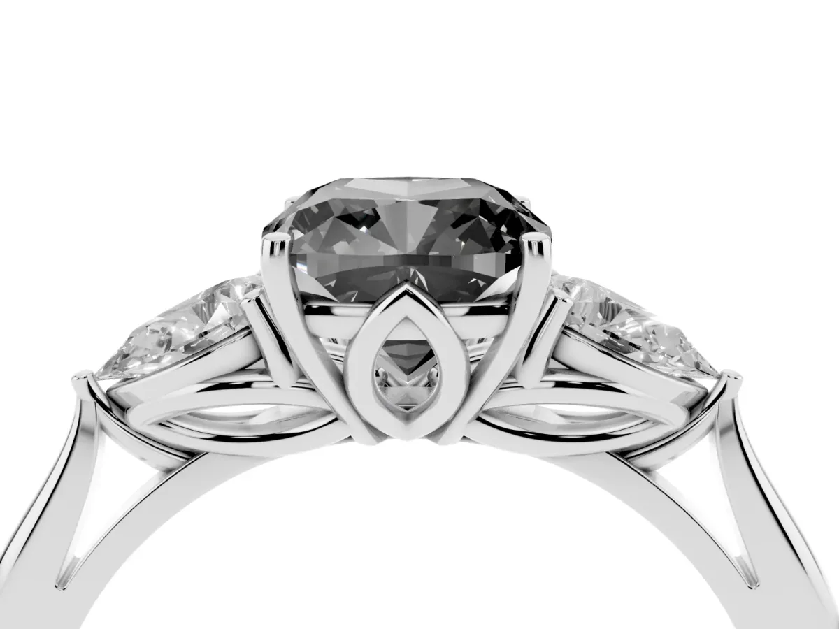 Fancy Black Three-Stone Cushion Cut Brilliant Diamond Solitaire Ring with Tapered Band and Four-Prong Setting Silver