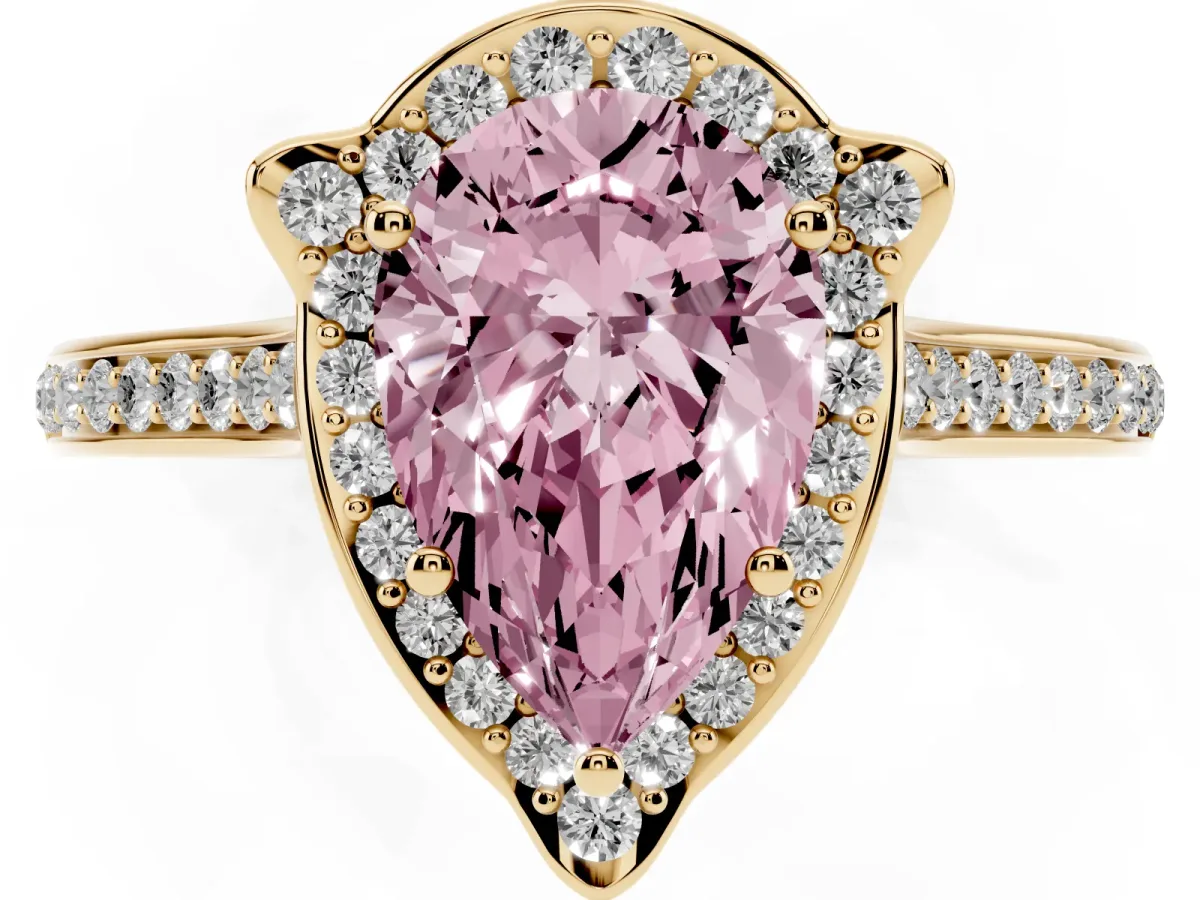 Fancy Pink Pear Cut Halo Round Diamond Pave Band with Four-Prong Setting Yellow gold