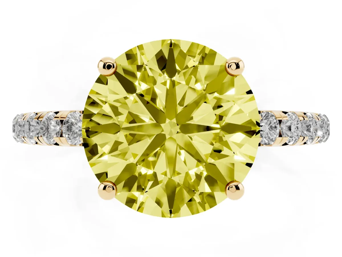 Fancy Yellow Round Cut Cut Diamond Solitaire Ring with Micro Pave Band and Four Prong Setting Yellow gold