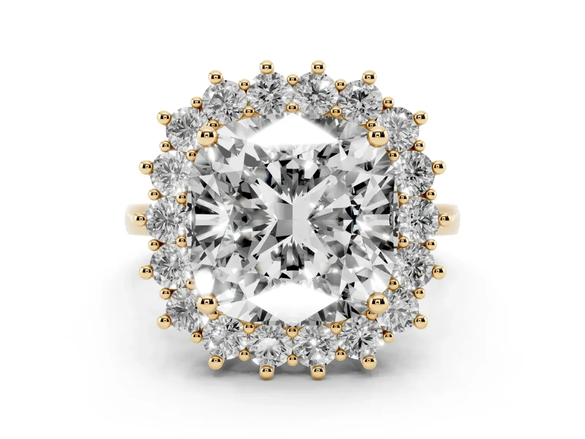 Cushion Diamond Halo Engagement Ring with Round Diamond Accents Yellow gold