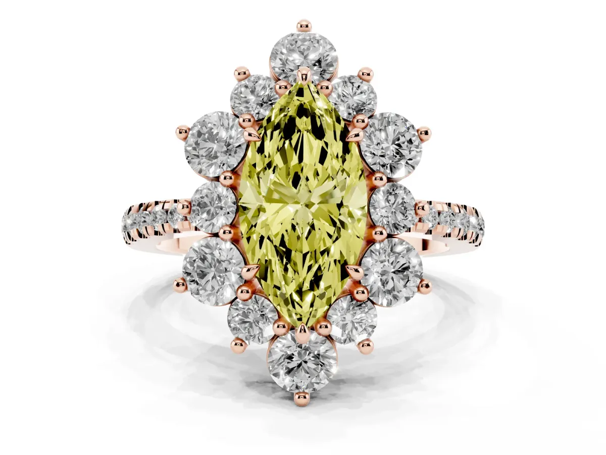 Fancy Yellow Marquise Cut Diamond Floral Halo Ring with Round Pavé Band and Prong Setting Rose gold