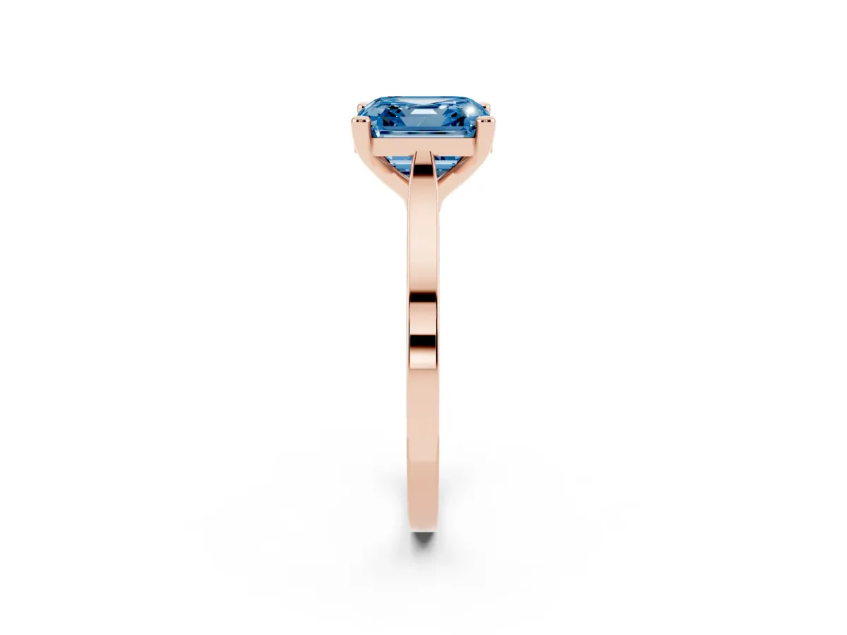 Fancy Blue Asscher Cut Solitaire Diamond Ring with Four-Prong Setting and Tapered Band Rose gold