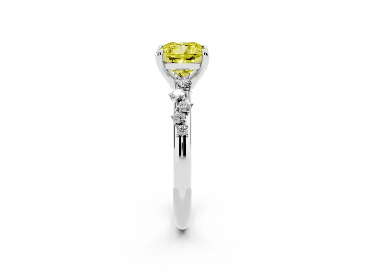 Fancy Yellow Cushion Cut Cut Diamond Vine Band with Four-Prong Setting Platinum