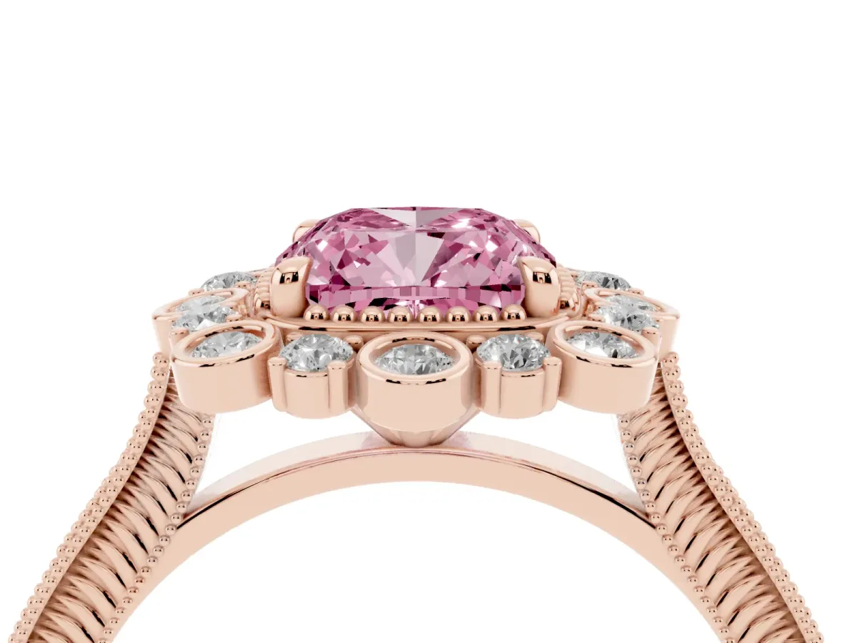Fancy Pink Cushion Cut Halo Milgrain Pave Diamond Ring with Four-Prong Setting Rose gold