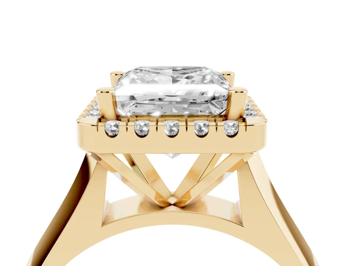 Princess Cut Cut Halo Solitaire Engagement Ring with Square Band and Four-Prong Setting Yellow gold