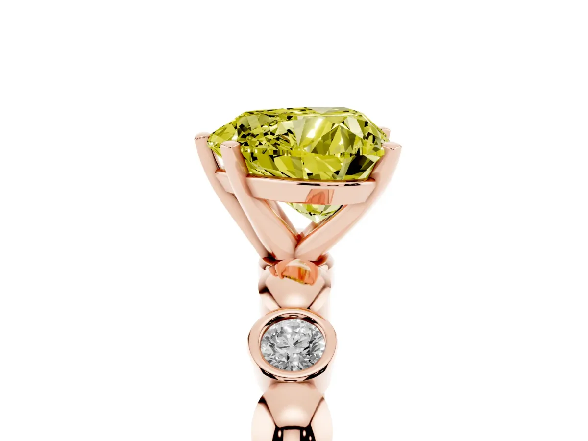 Fancy Yellow Heart Cut Solitaire Bezel-Set Diamond Ring with Beaded Band and Four-Prong Setting Rose gold