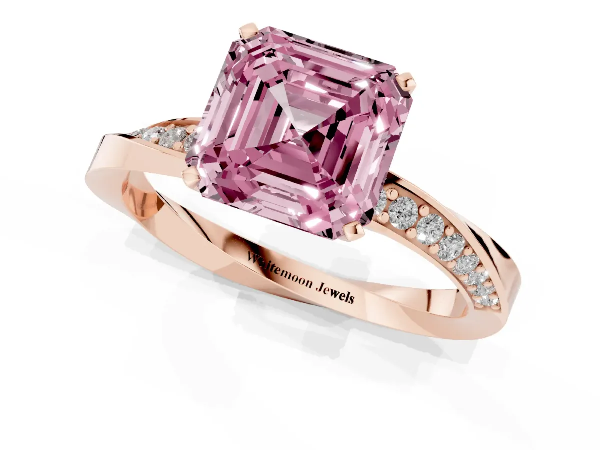Fancy Pink Asscher Cut Diamond Engagement Ring with Side Stone Accents and Four-Prong Setting Rose gold
