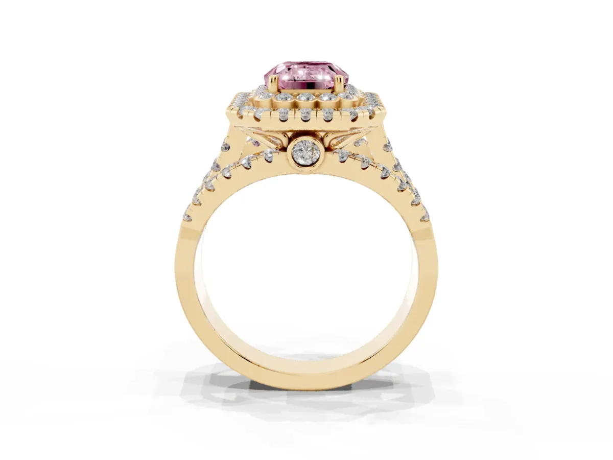 Fancy Pink Emerald Cut Diamond Double Halo Ring with Round Pavé Split Shank and Prong Setting Yellow gold