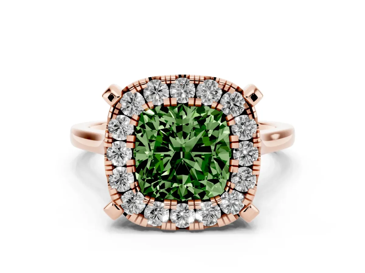Fancy Green Cushion Cut Diamond Cluster Halo Solitaire with Four-Prong Setting Rose gold