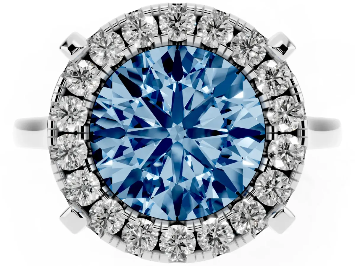 Fancy Blue Round Cut Diamond Cluster Halo Solitaire with Four-Prong Setting Platinum