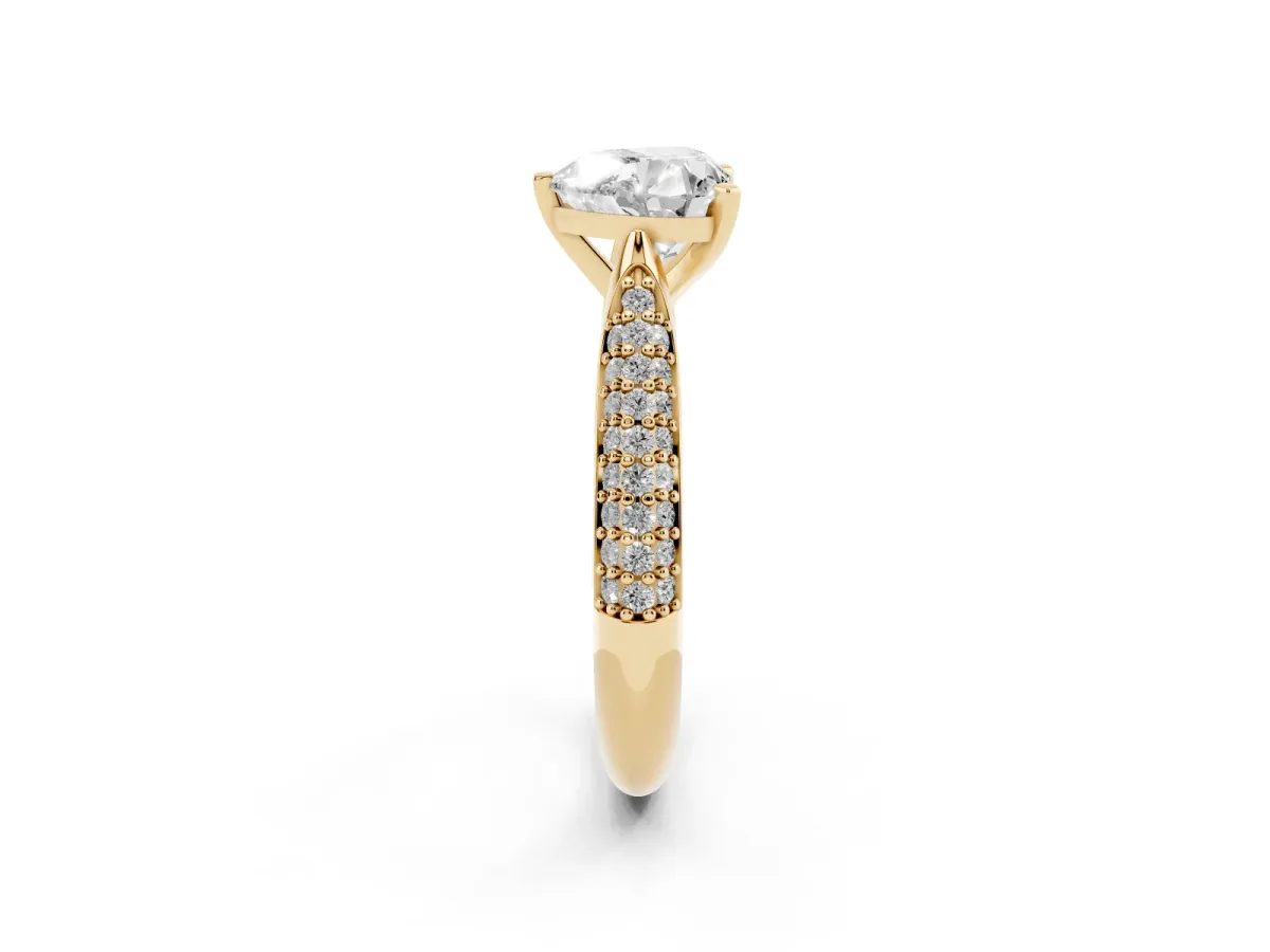 Heart Cut Diamond Solitaire Engagement Ring with Multi-Row Round Pavé Band and Prong Setting Yellow gold