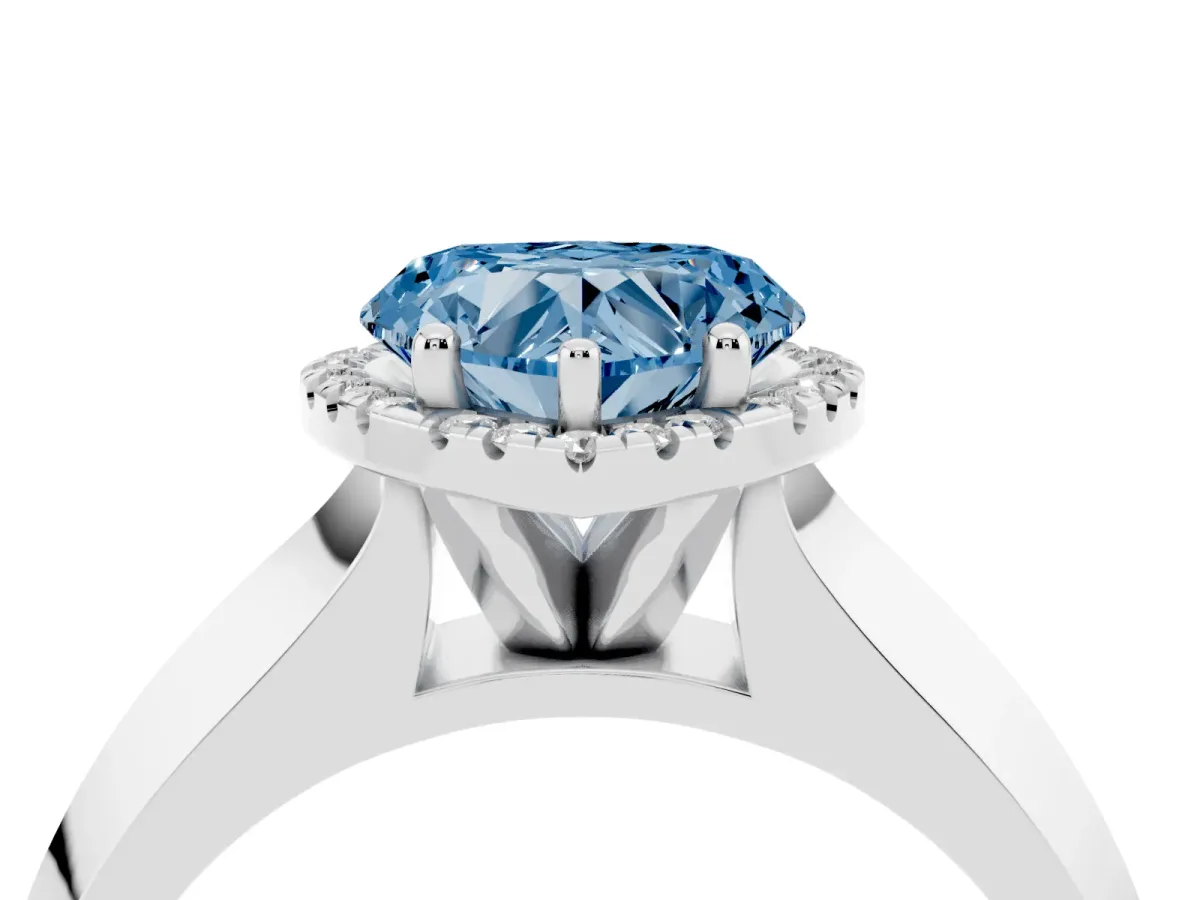 Fancy Blue Heart Cut Halo Diamond Ring with Cathedral Band and Four-Prong Setting Silver
