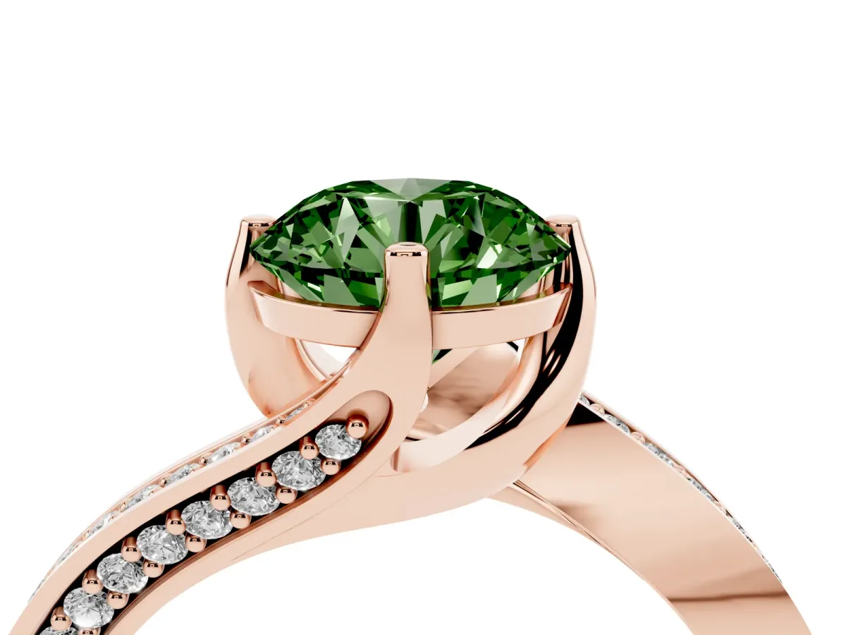 Fancy Green Round Cut Solitaire Diamond Twist Band with Pavé Setting and Four-Prong Setting Rose gold
