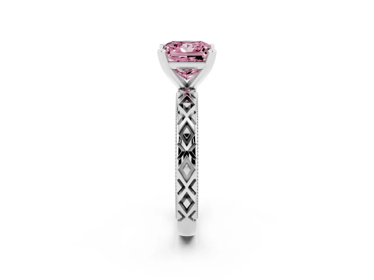 Fancy Pink Princess Cut Solitaire Diamond Ring with Milgrain and Black Enamel X Pattern Band Silver