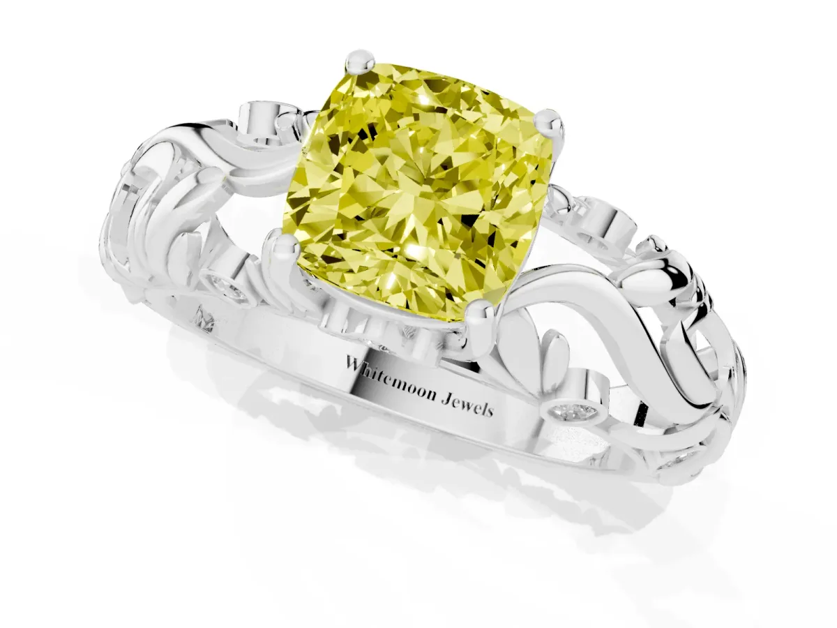 Fancy Yellow Cushion Cut Solitaire Diamond Leaf-Inspired Vine Band Ring with Prong Setting Platinum
