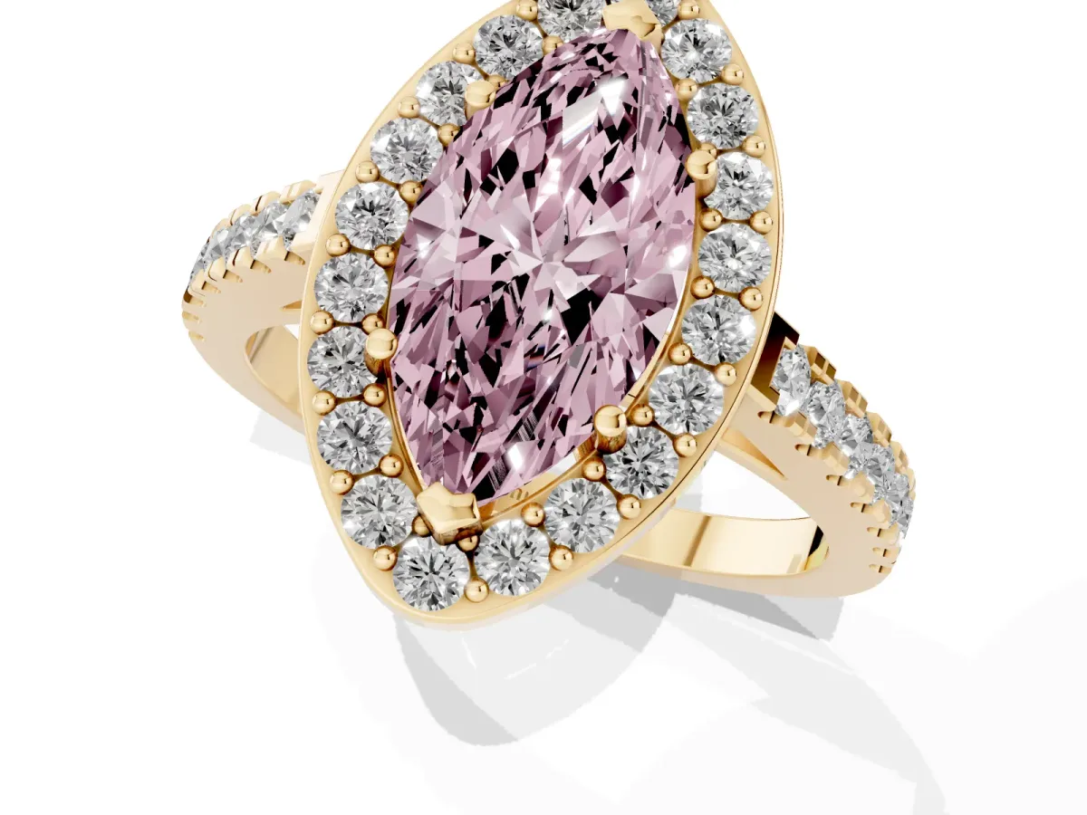 Fancy Pink Marquise Cut Diamond Halo Ring with Round Pavé Split Shank and Prong Setting Yellow gold