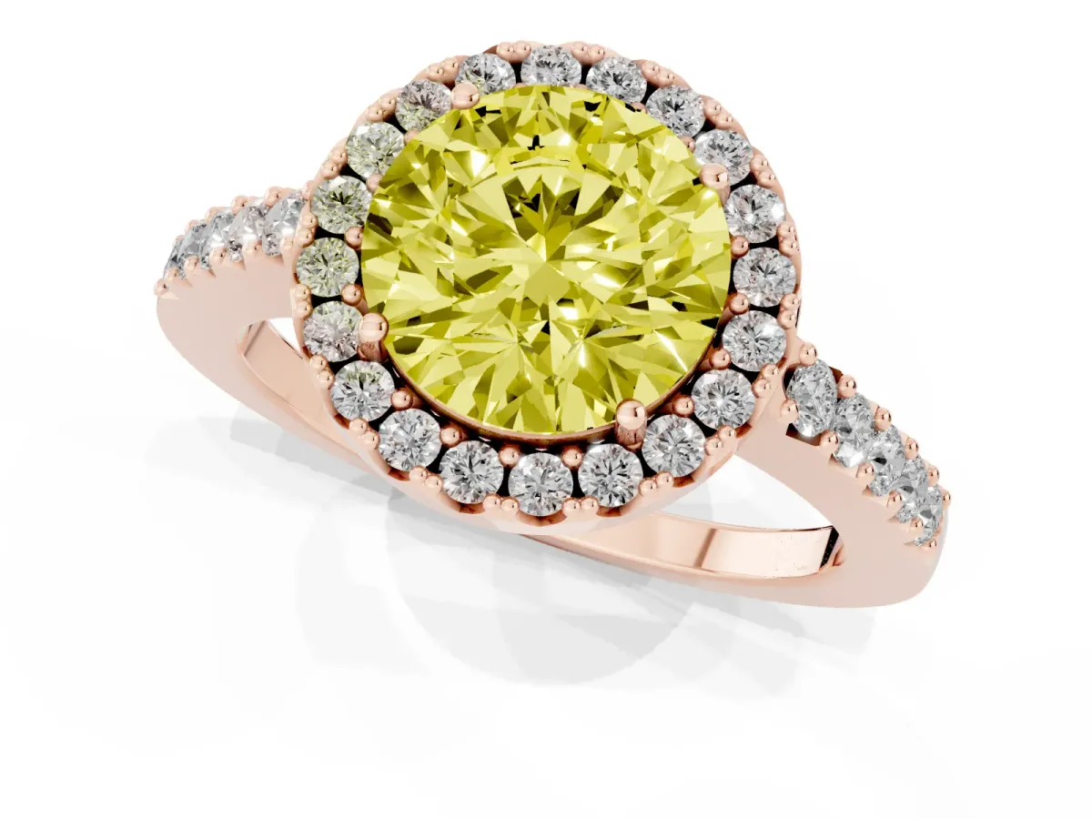 Fancy Yellow Round Cut Halo Diamond Pavé Solitaire Ring Rose gold