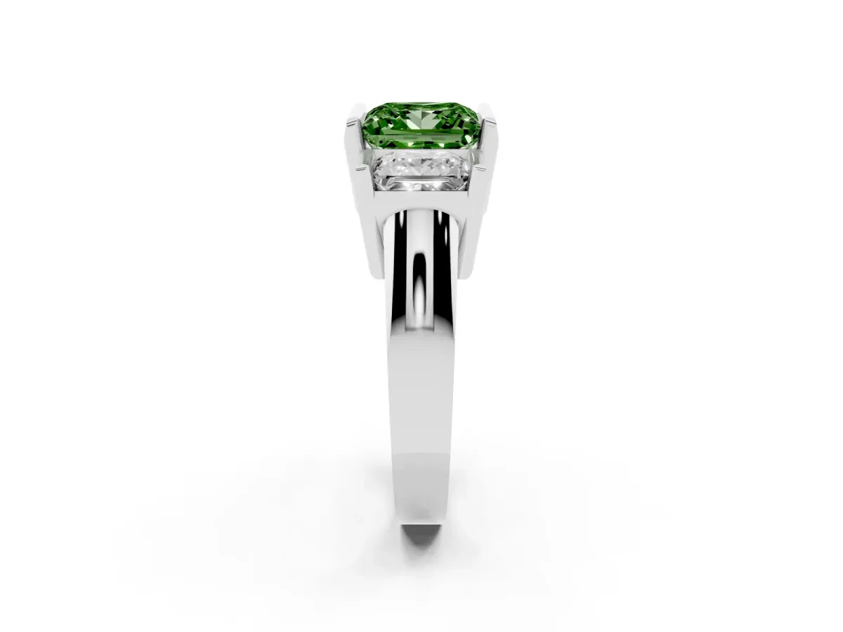Fancy Green Three Stone Princess Cut Cut Channel Set Diamond Ring Silver