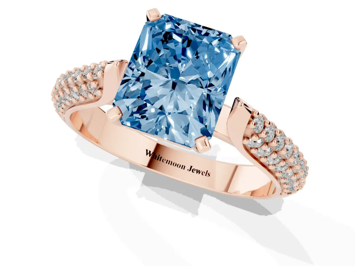 Fancy Blue Radiant Cut Diamond Solitaire Engagement Ring with Multi-Row Round Pavé Band and Prong Setting Rose gold
