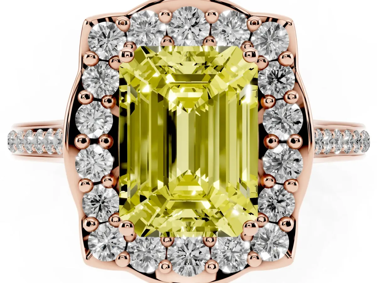 Fancy Yellow Emerald Cut Halo Round Diamond Pave Band with Four-Prong Setting Rose gold