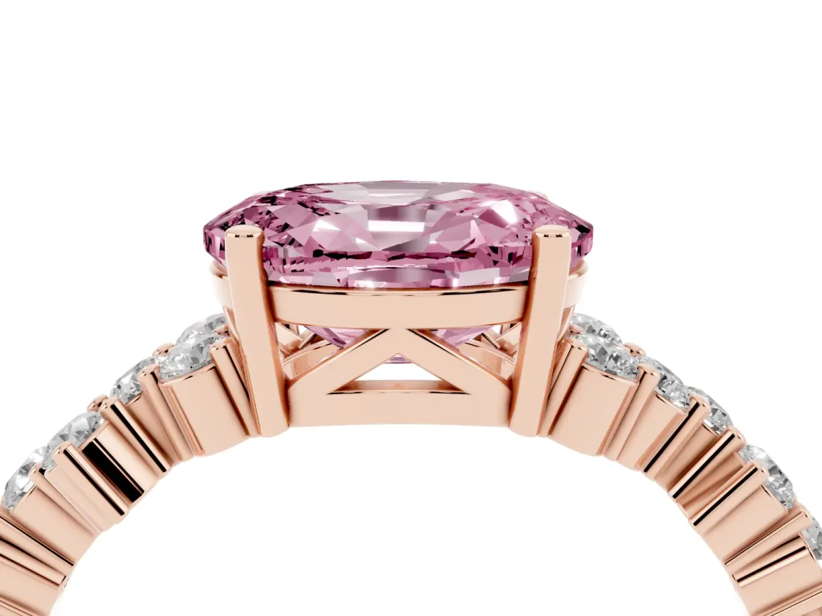 Fancy Pink Oval Cut Diamond Scattered Round Accent Ring with Prong Setting Rose gold