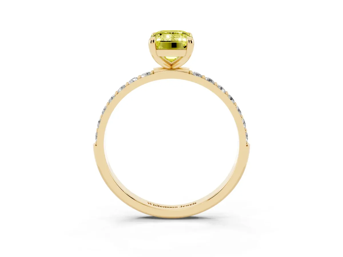 Fancy Yellow Emerald Cut Diamond Solitaire Ring with Round Pavé Band and Prong Setting Yellow gold
