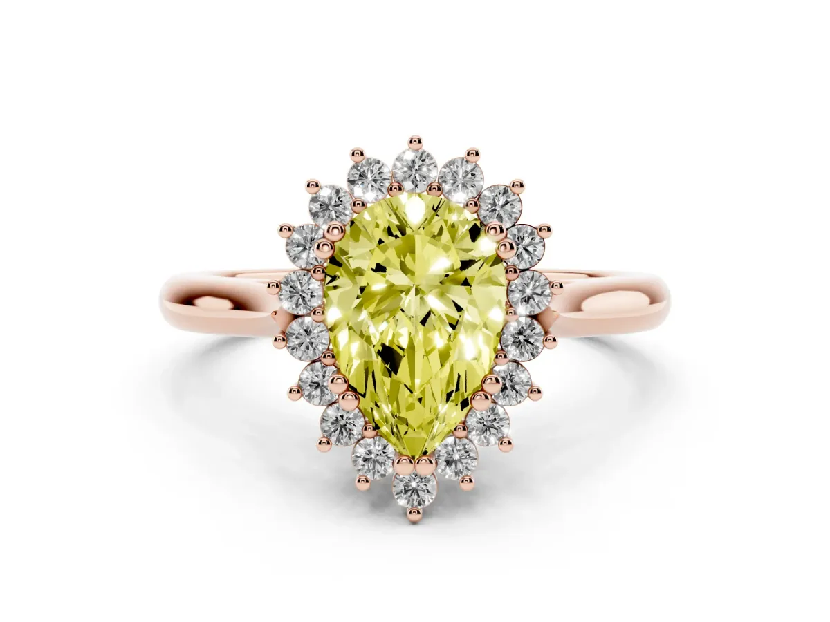 Fancy Yellow Pear Cut Cut Diamond Halo Ring with Solitaire Band and Prong Setting Rose gold