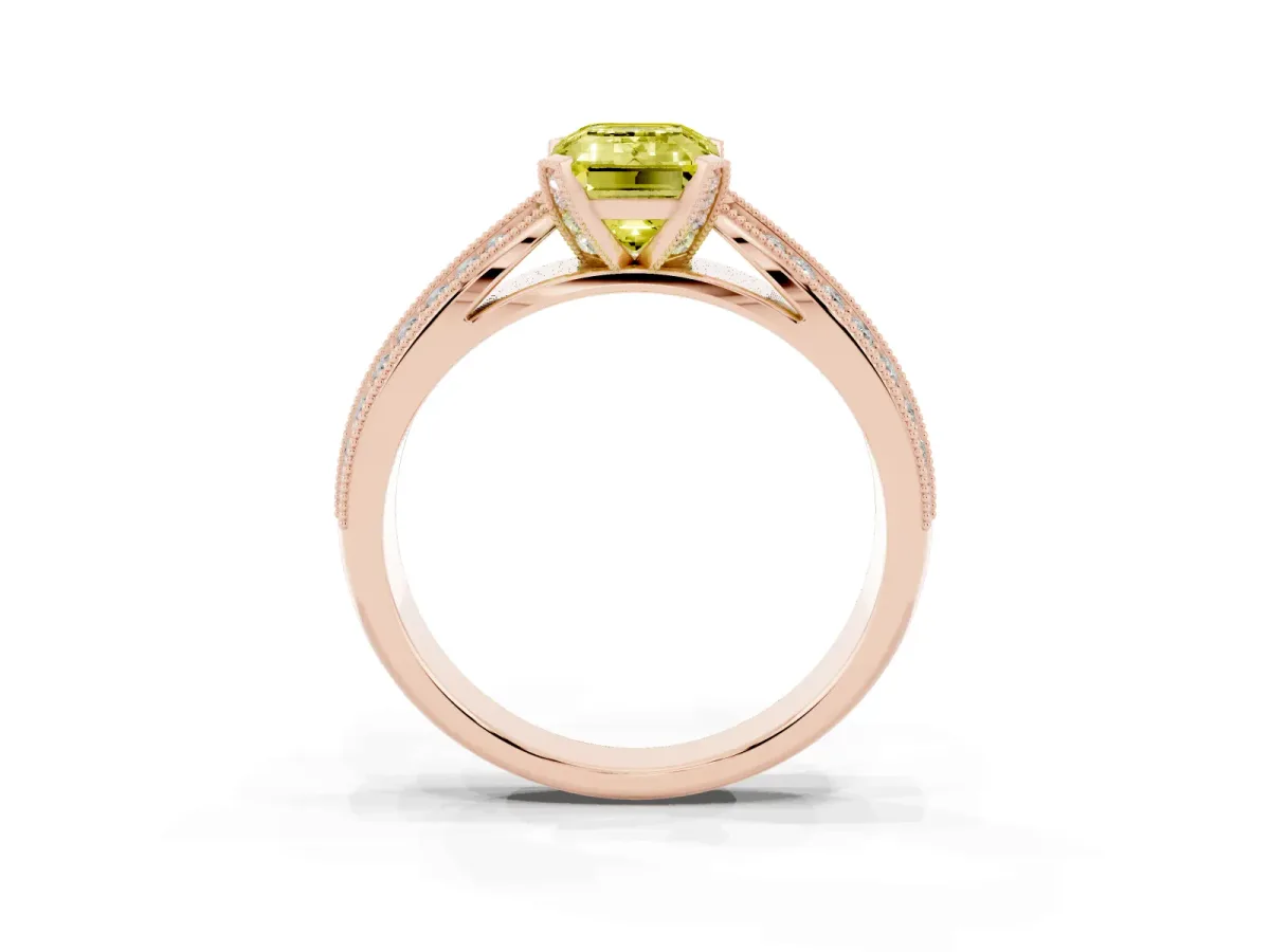 Fancy Yellow Emerald Cut Diamond Solitaire Ring with Milgrain Round Pavé Band and Prong Setting Rose gold