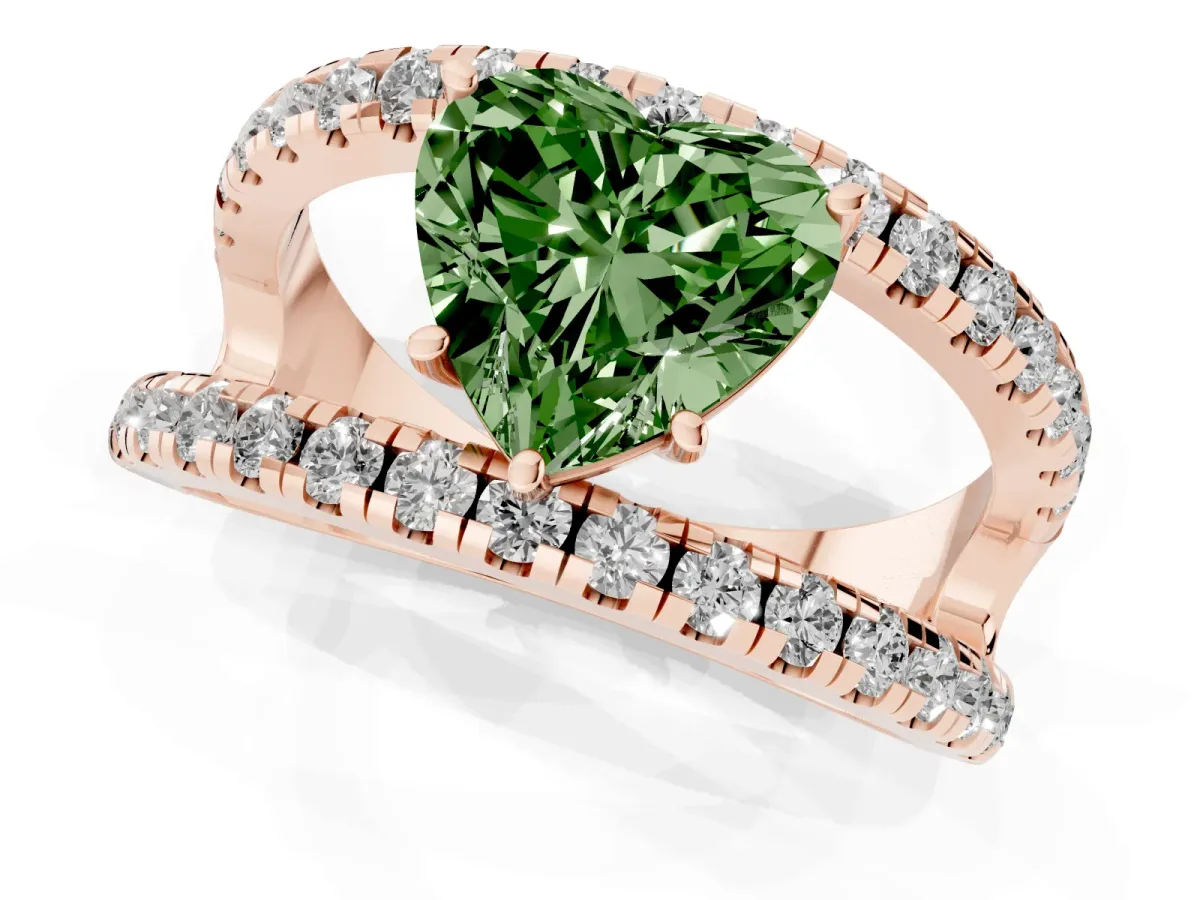 Fancy Green Heart Cut Solitaire Split Shank Pave Diamond Ring Rose gold