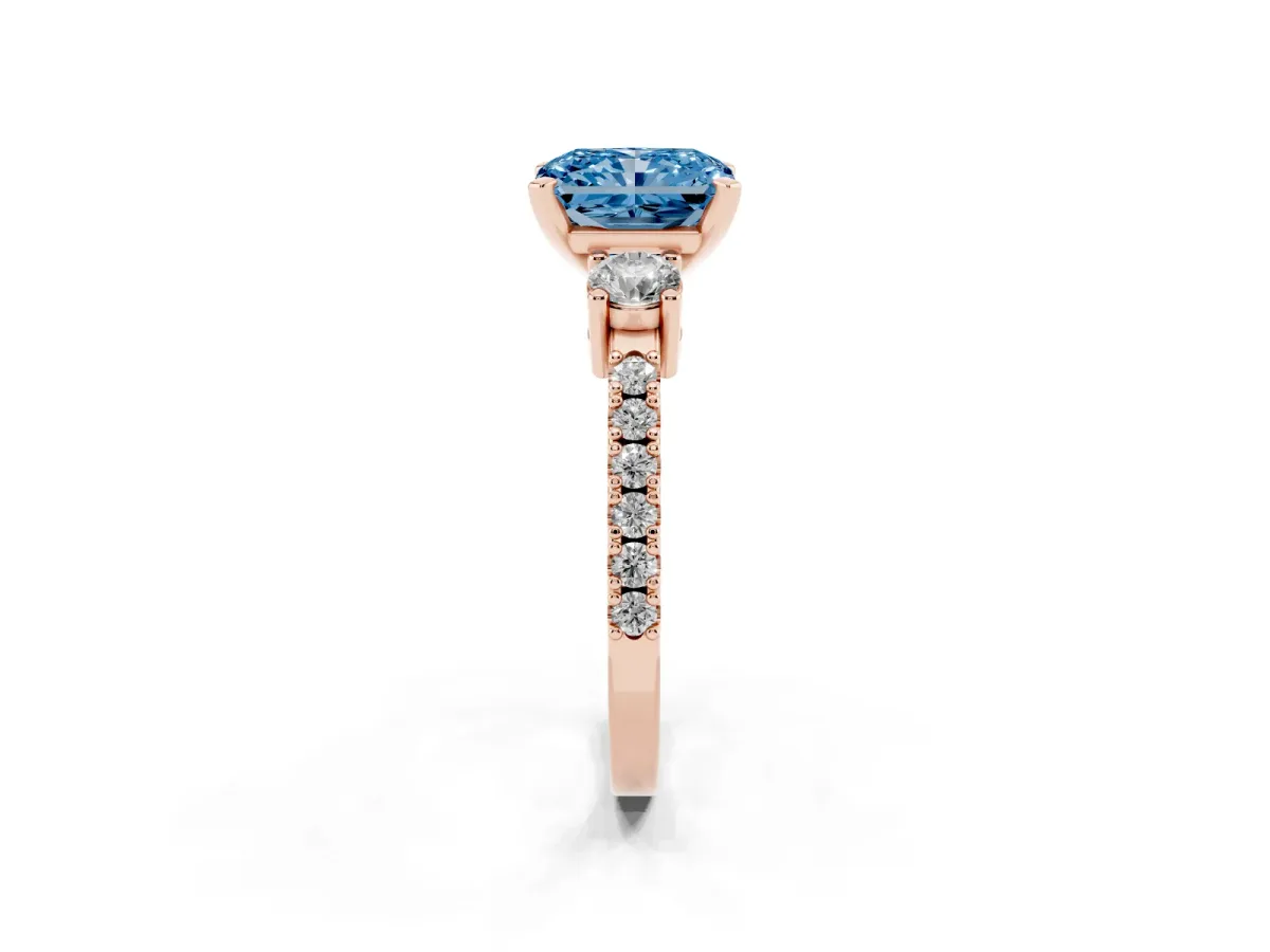 Fancy Blue Radiant Cut Three-Stone Diamond Pavé Band with Prong Setting Rose gold