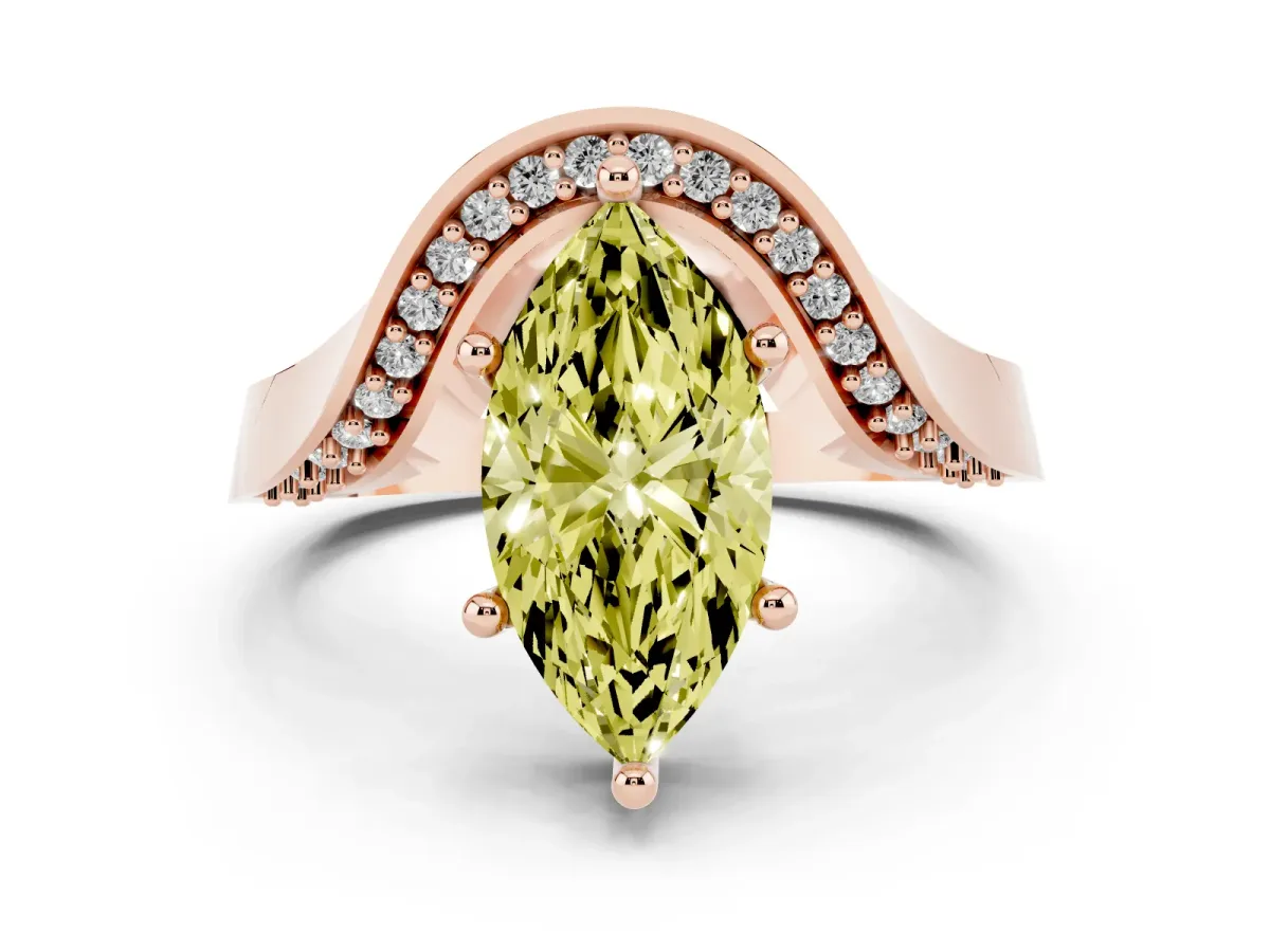 Fancy Yellow Marquise Cut Solitaire Diamond Engagement Ring with Pave Band and Four-Prong Setting Rose gold