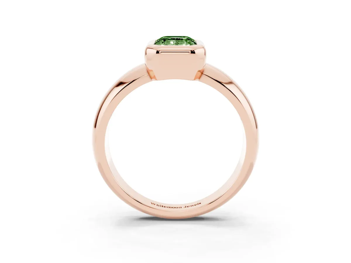 Fancy Green Bezel Set Emerald Cut Solitaire Ring with Wide Band Rose gold