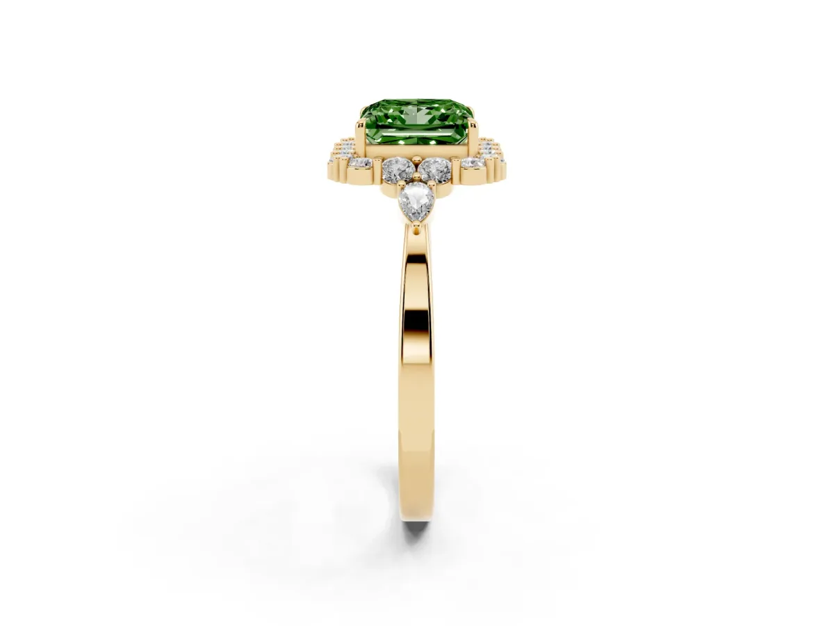 Fancy Green Princess Cut Diamond Halo Ring with Pear Side Stones and Prong Setting Yellow gold