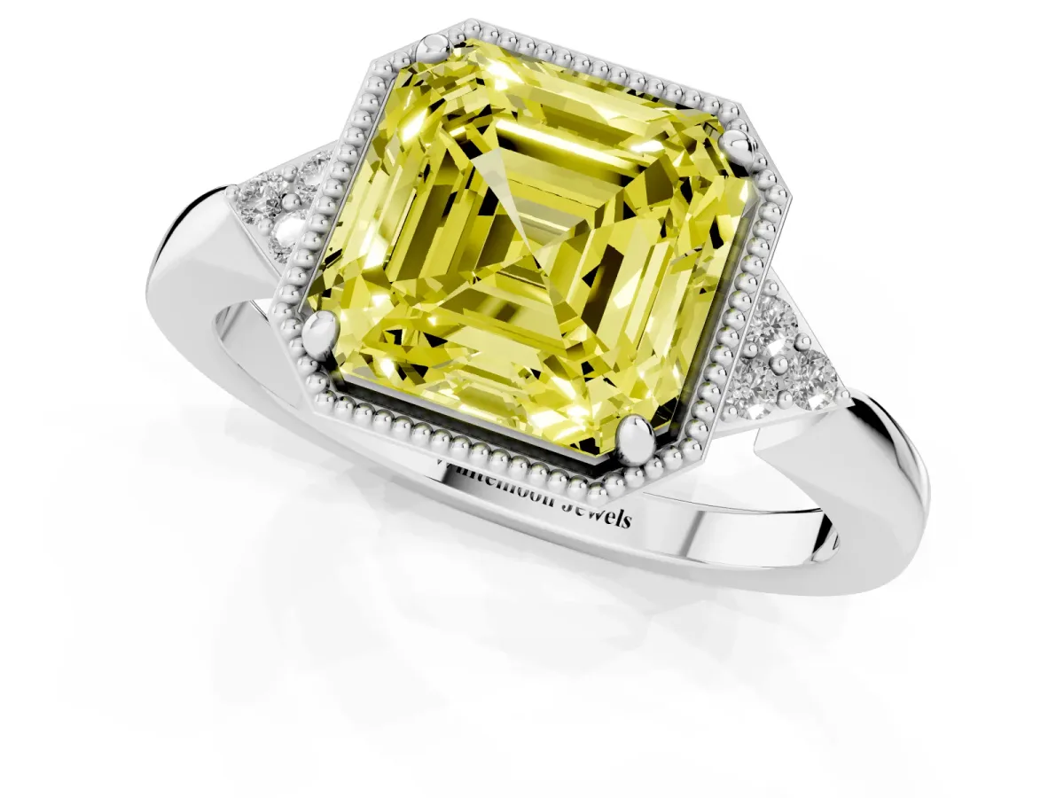 Fancy Yellow Hexagonal Halo Asscher Cut Diamond Solitaire with Pavé Band and Four-Prong Setting Platinum