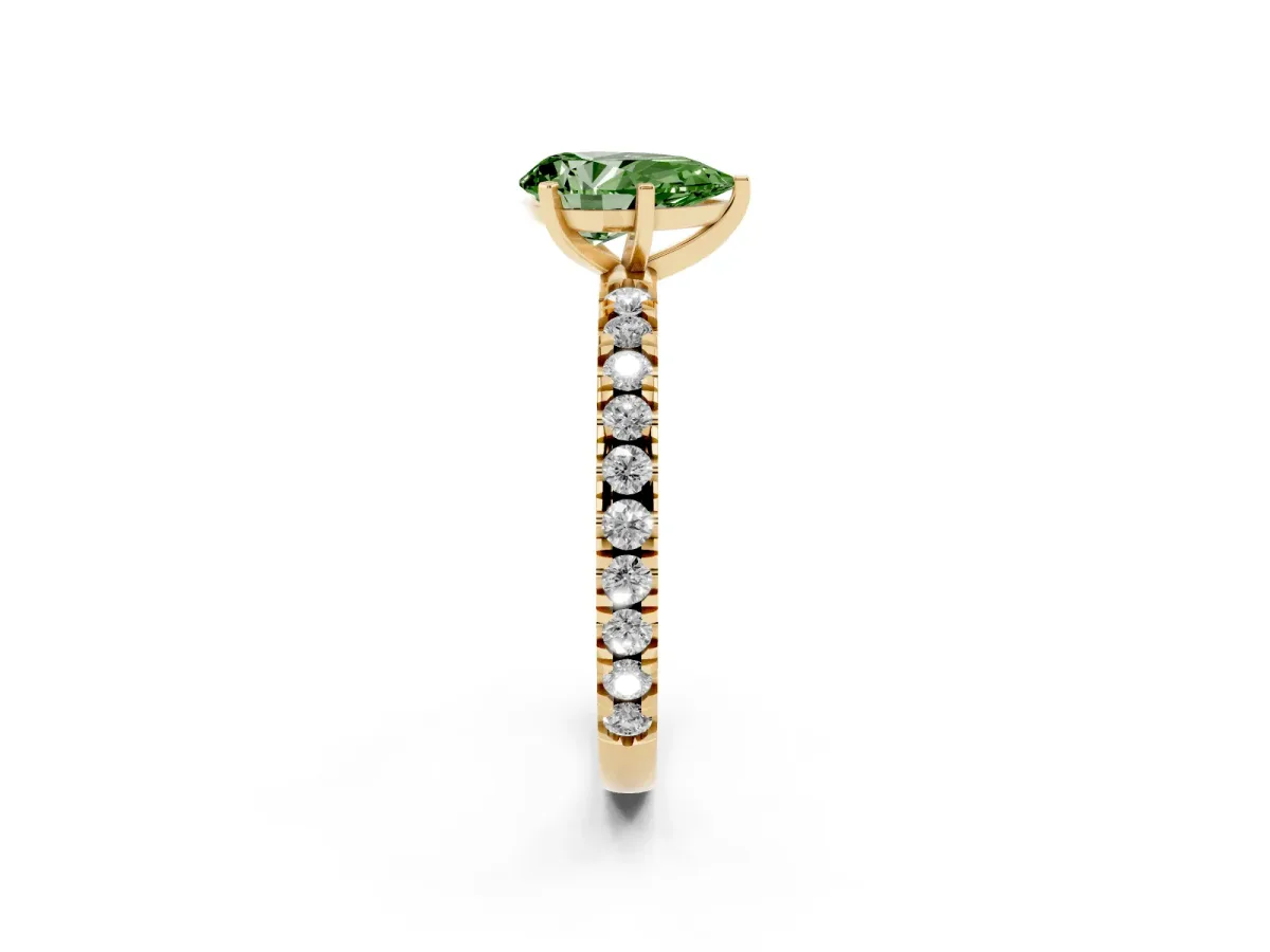 Fancy Green Pear Cut Diamond Pavé Band Solitaire with Four-Prong Setting Yellow gold