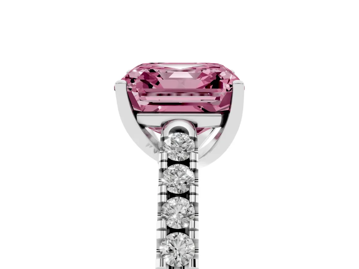 Fancy Pink Asscher Cut Diamond Pavé Band Solitaire Ring with Prong Setting Platinum
