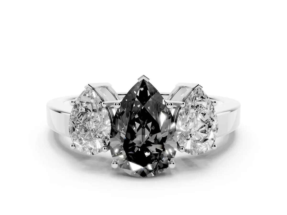 Fancy Black Three-Stone Pear Cut Cut Diamond Engagement Ring with Flat Band and Four-Prong Setting Silver