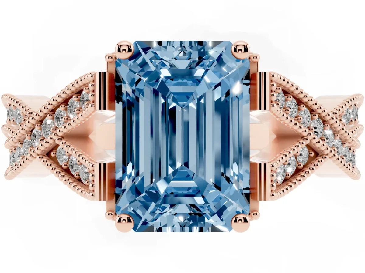 Fancy Blue Emerald Cut Cut Diamond Twisted Band with Milgrain Pave Setting and Four-Prong Setting Rose gold