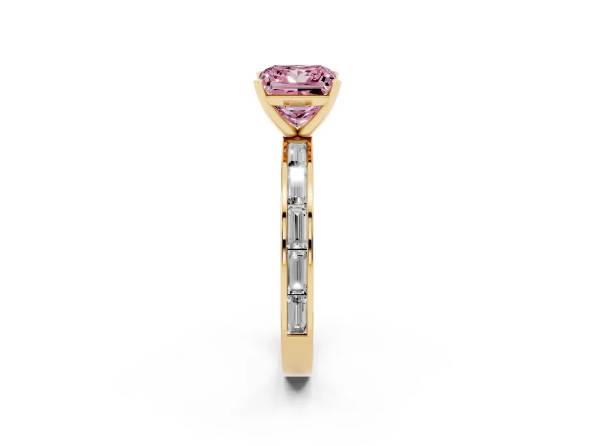 Fancy Pink Princess Cut Solitaire Diamond Ring with Channel-Set Baguette Band and Four-Prong Setting Yellow gold