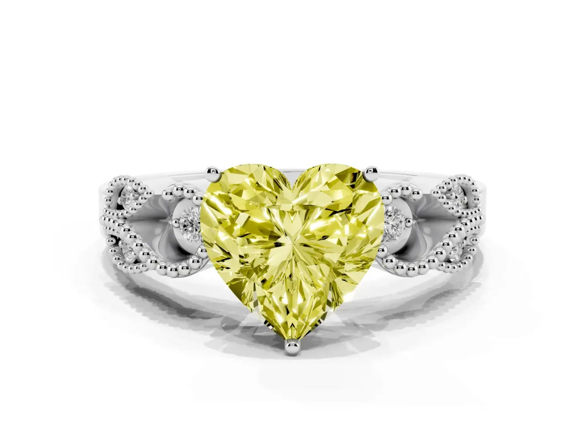 Fancy Yellow Heart Cut Solitaire Milgrain Leaf Band with Prong Setting White gold