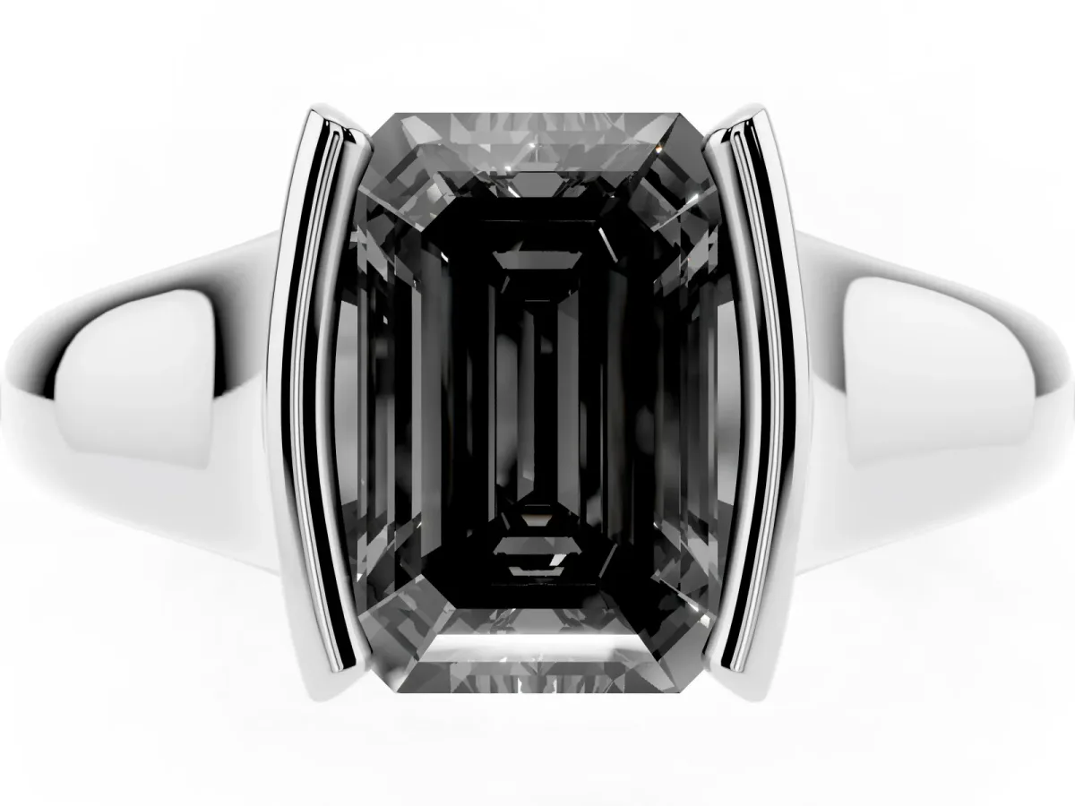 Fancy Black Emerald Cut Solitaire Tension Set Diamond Ring with Split Shank Band Platinum