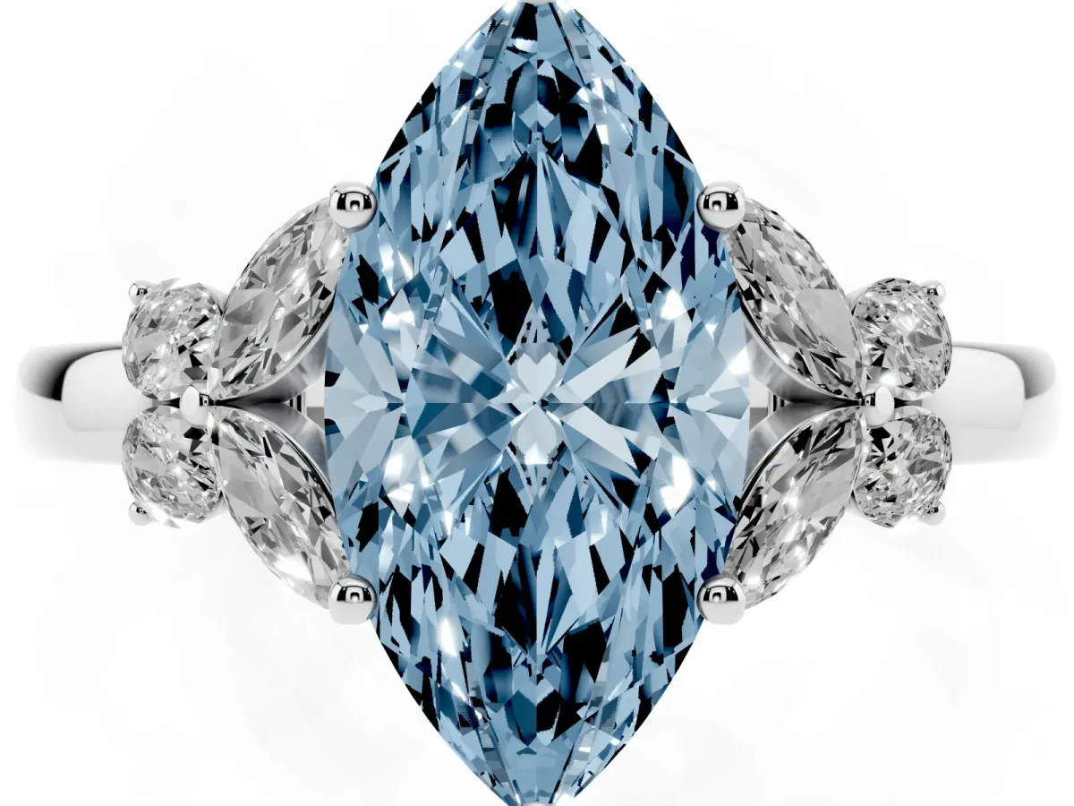 Fancy Blue Marquise Cut Cut Solitaire Floral Diamond Ring with Four-Prong Setting Silver