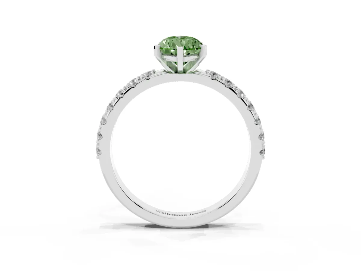 Fancy Green Pear Cut Diamond Solitaire Pavé Band with Four-Prong Setting Silver