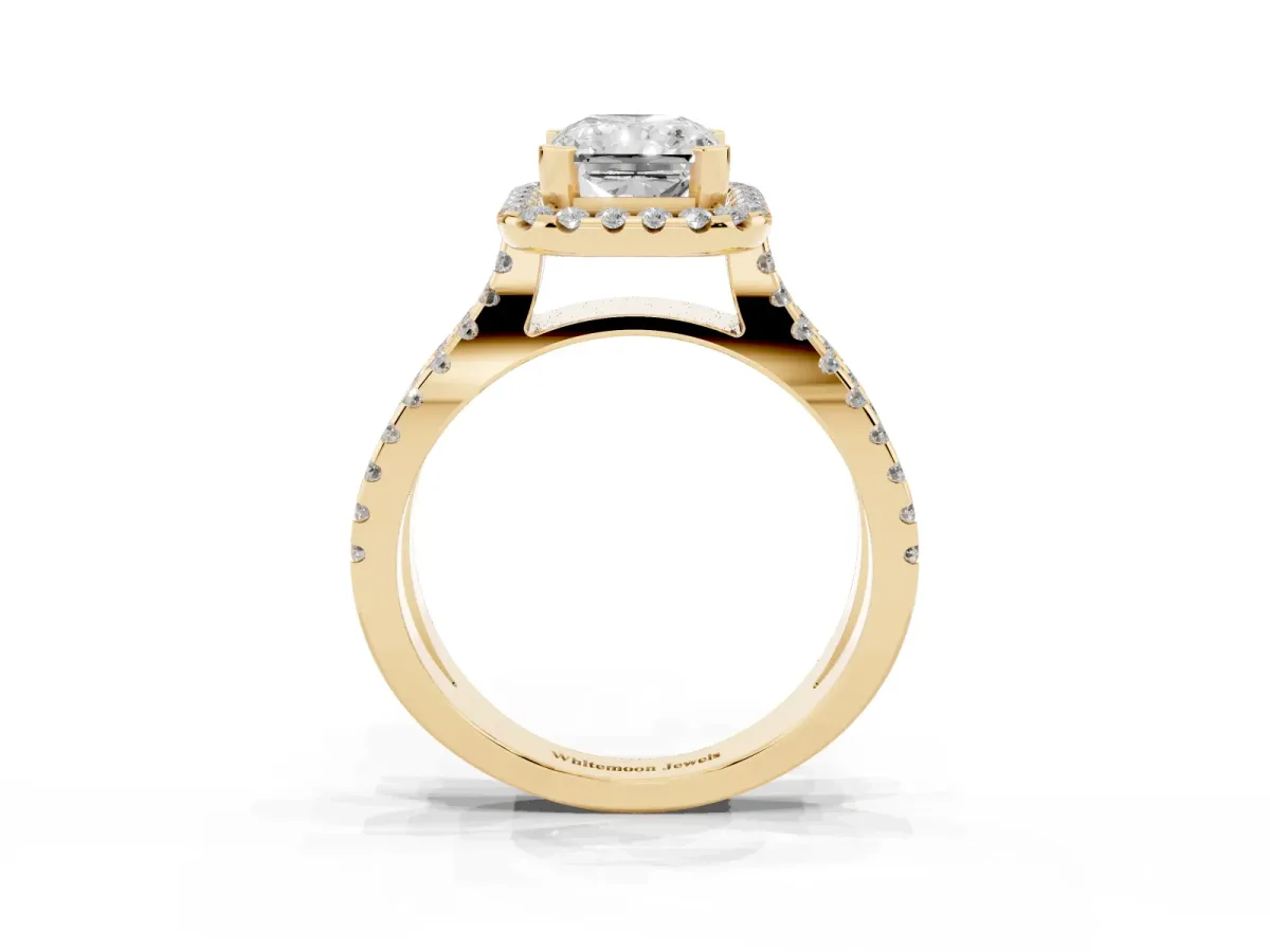 Radiant Cut Diamond Halo Ring with Split Shank Pavé Band and Prong Setting Yellow gold