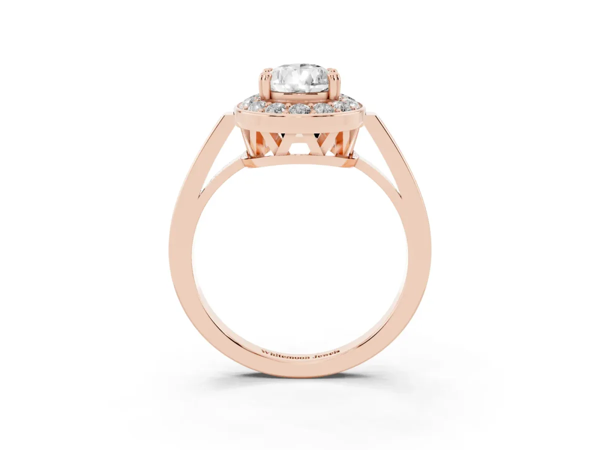 Pear Cut Diamond Halo Ring with Split Shank and Four-Prong Setting Rose gold