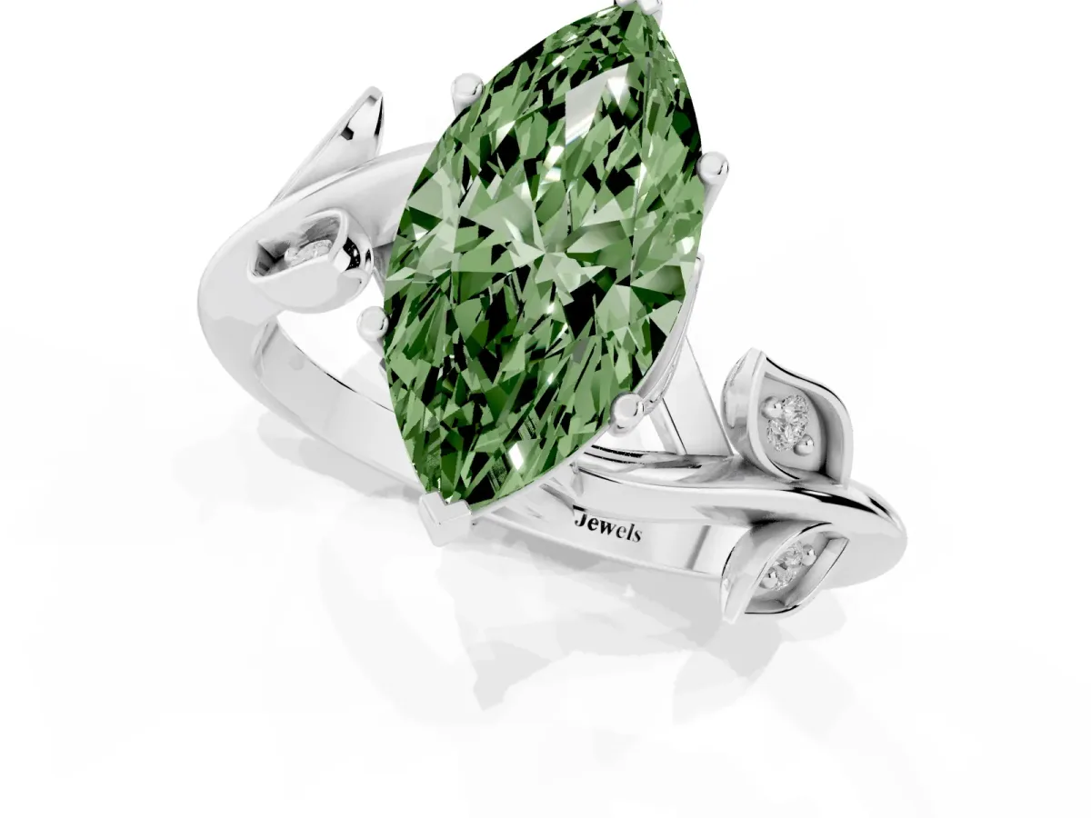 Fancy Green Marquise Cut Solitaire Twist Engagement Ring with Leaf Accents and Prong Setting Platinum